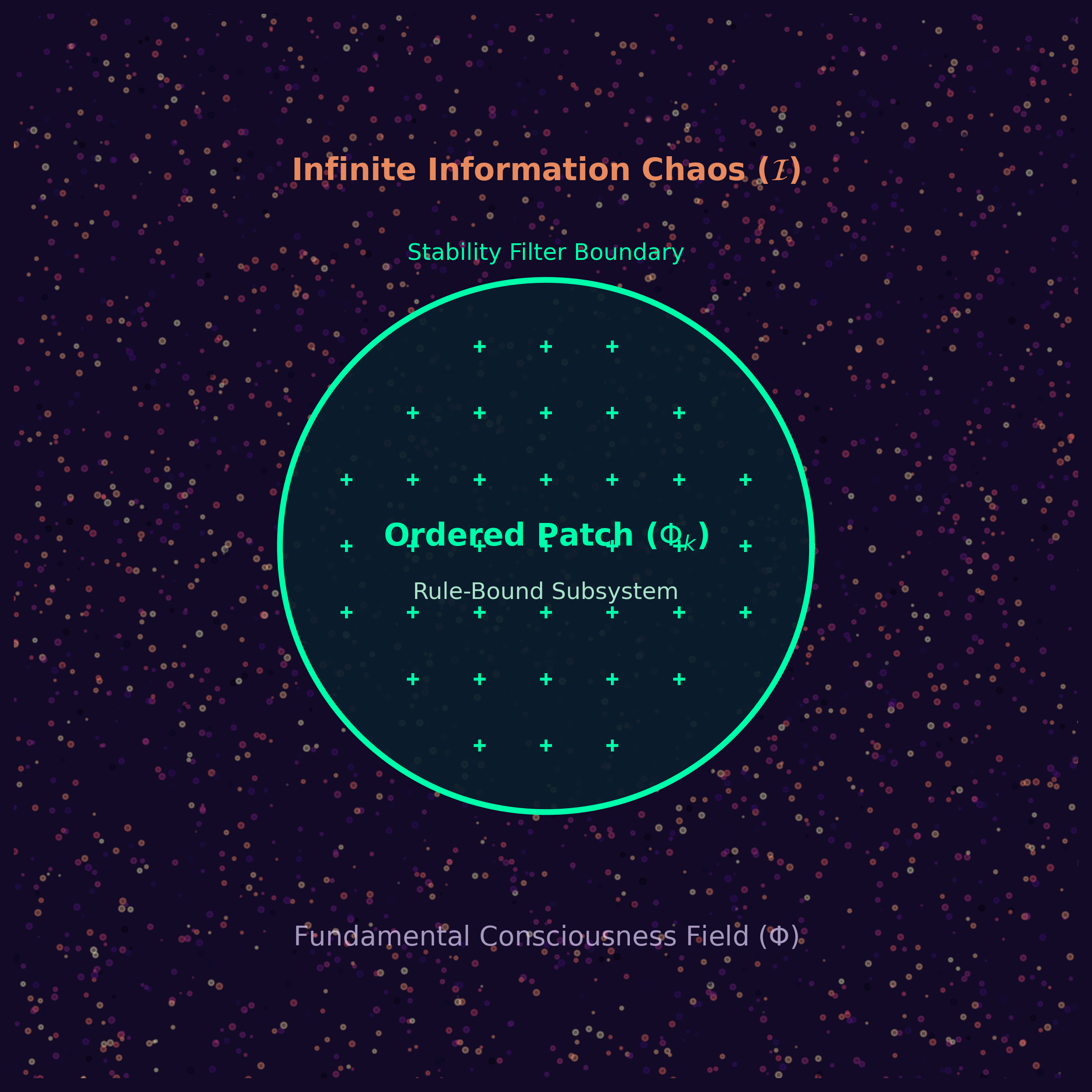 Diagram 1: The Architecture of Emergence. The Ordered Patch forms a stabilized, rule-bound subsystem constrained by the Stability Filter, emerging from the Infinite Information Chaos of the primary awareness field.